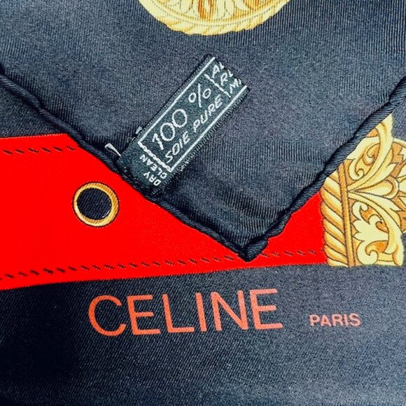 Unused Celine Paris 100% Silk Scarf Satin 34" Beige Black Red Prumpet Bow  (37 - Picture 8 of 16